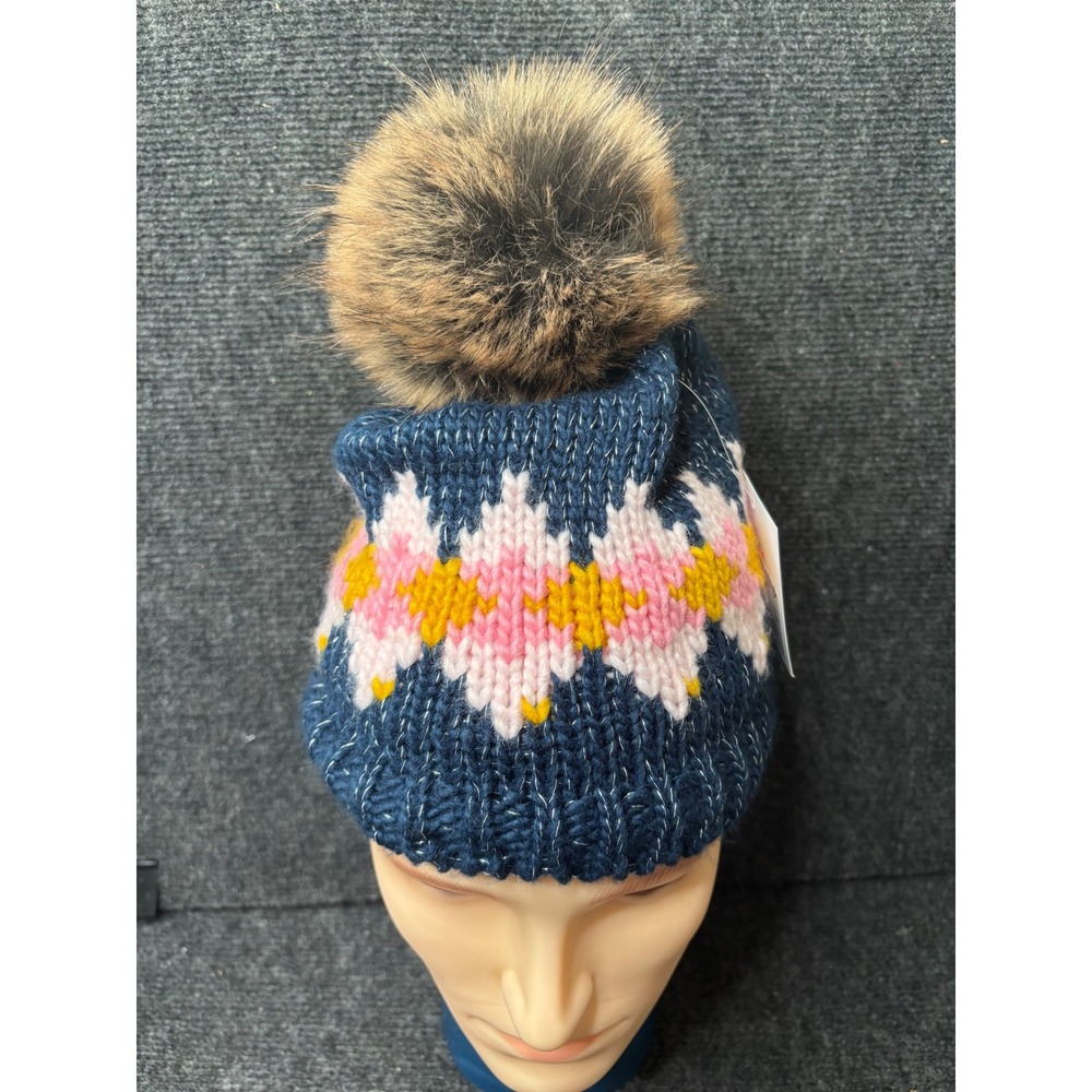 Panache Apparel Co Navy Blue Fair Isle Knit Pom Beanie Metallic Sparkle Lined